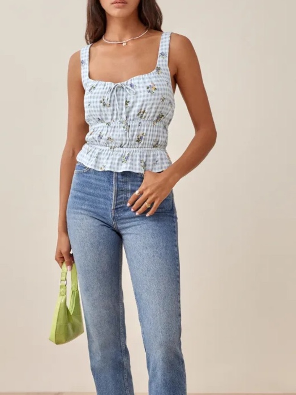 Reformation Liya Top Light Blue Gingham Smocked Floral Tank Small - Picture 2 of 10